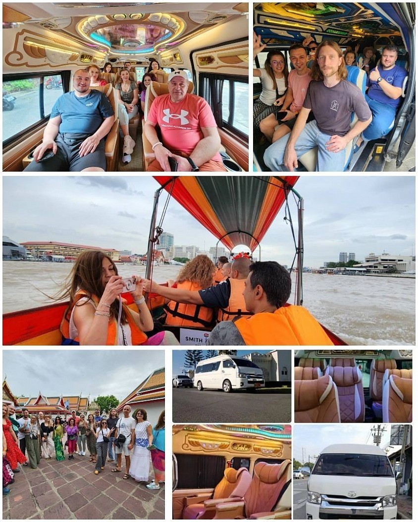 VIP van rental service with driver for sightseeing at Wat Arun, Wat Pho and boat tour on the Chao Phraya River in Bangkok.